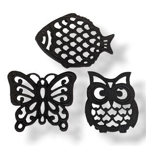 Vintage Black Cast Aluminum Trivet Set of 3 Fish Butterfly Owl Animal Patterns